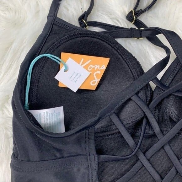 Kona Sol Black One-Piece Swimsuit Size Small Strappy Back V-Neck Ruched - Picture 4 of 6